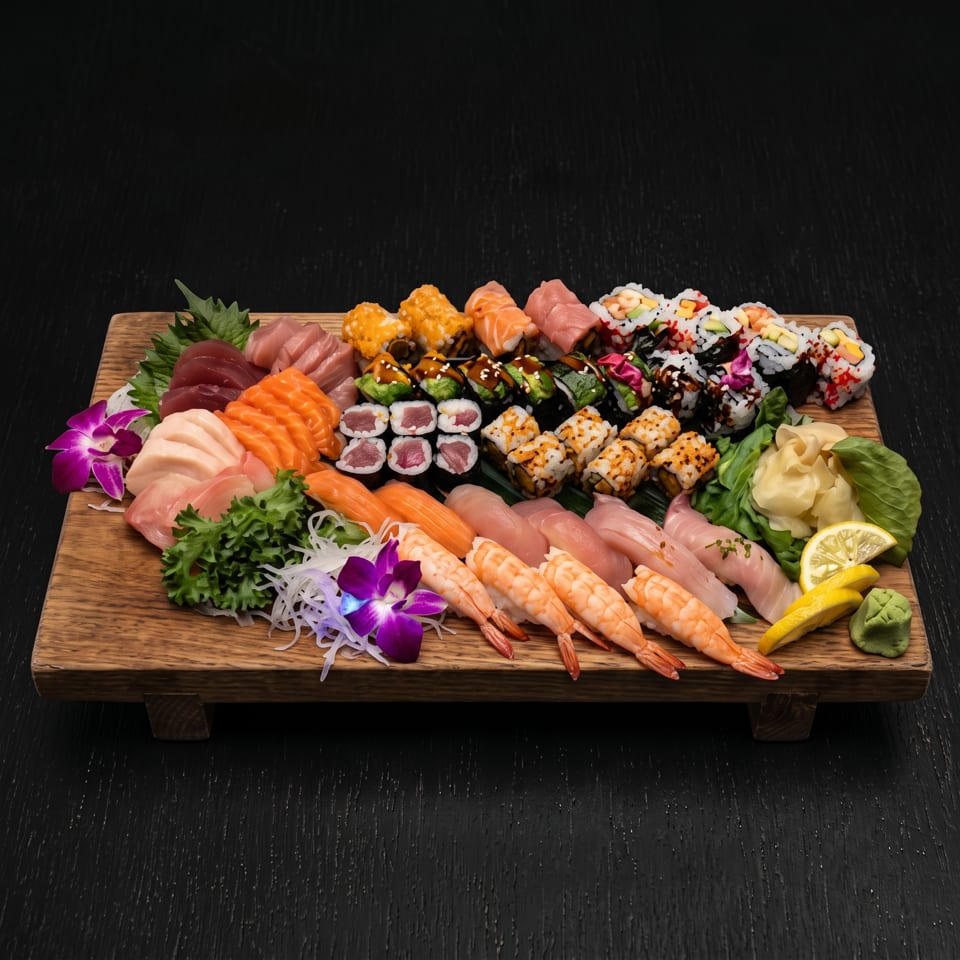 Assorted sushi and sashimi platter with rolls, nigiri, shrimp, garnishes, lemon, and wasabi on a wooden serving board.