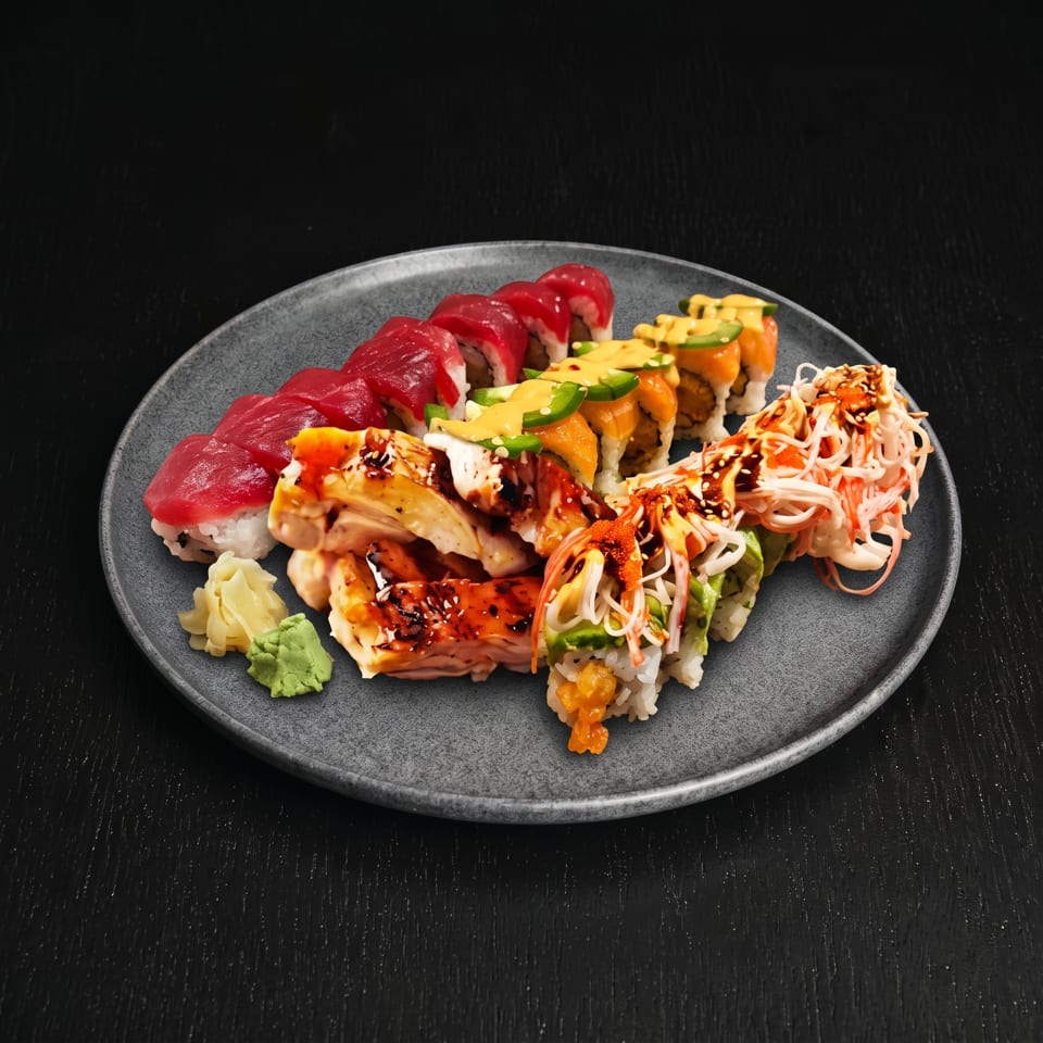 Assorted sushi rolls topped with tuna, salmon, jalapeño, sauces, and shredded vegetables on a gray plate with wasabi and ginger.